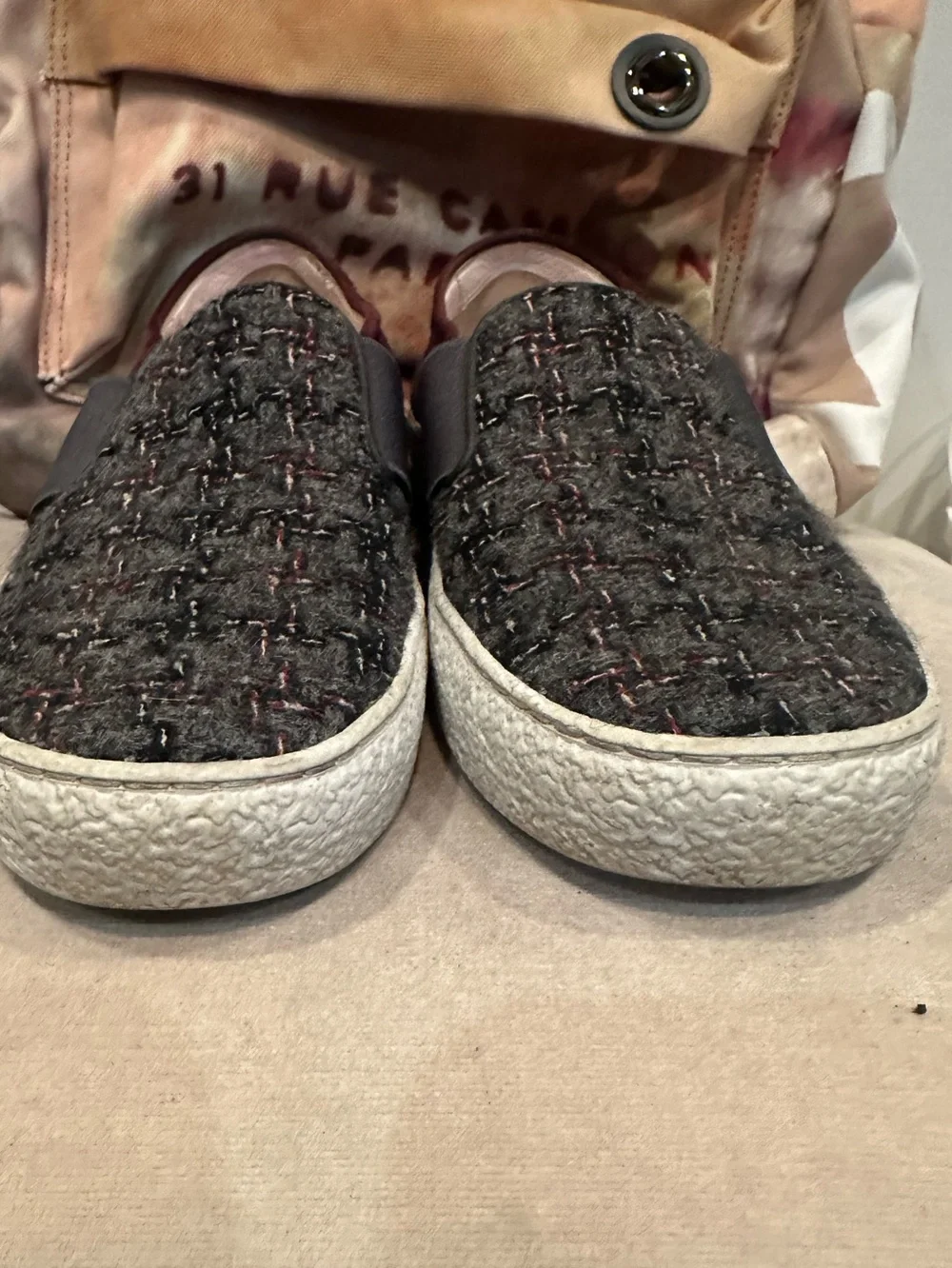 Chanel Tweed & Suede Sneaker in Charcoal and Burgundy